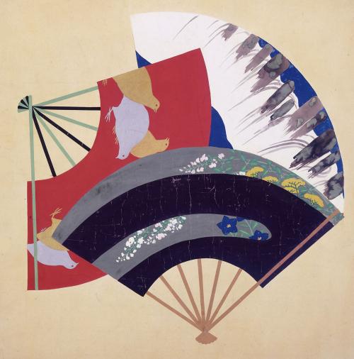 紫雲閣綴織格天井原画「扇散らし日本名所之図」より (磐城乙字ヶ瀧 陸前宮城野のうづら)