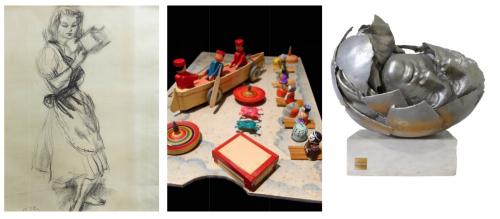 左：壁画「私たちの誓い」より画稿「糸」伊藤清永　1964年<br>中：玩具「みつこしおもちゃ會」　1913年<br>下：「ヴィーナスの首」向井良吉　1973年