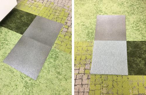 洗浄前の汚れたタイルカーペット（左）、うち１枚を洗浄すると、違 いは明らか（右）