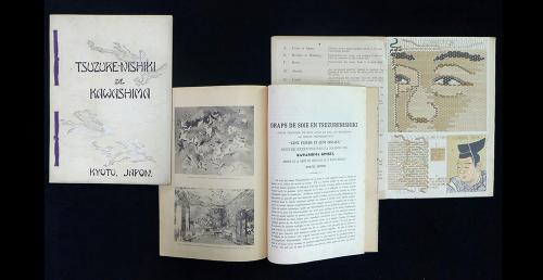 万博出品時に制作したカタログ 左・中央：「TSUZURE-NISHIKI DE KAWASHIMA」（リエージュ万博：1905年） 右：「J.KAWASHIMA’S ART FABRICS」（シカゴ万博：1893年）