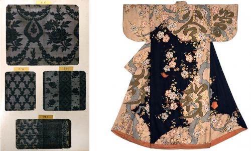 左：裂地見本帳 外国製レース 右：小袖「雪輪梅模様」（江戸初期）