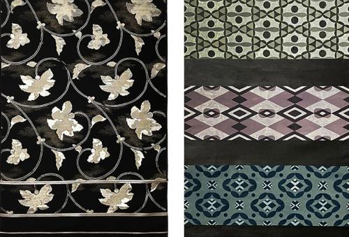 左：丸帯地「黒地新唐草」（大正期） 右：帯地正絵「段変り幾何学」（昭和期）