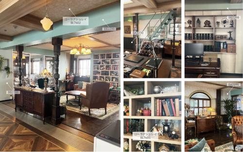 ヴィンテージ家具やクラシカルな照明、深みのある寄木パターンの床が調和した、落ち着きと品格を感じさせるインテリア。要所に 取り入れられたペールカラーとローラ アシュレイの伝統的なパターンが空間に彩りを添え、上品で柔らかな印象を与えている。