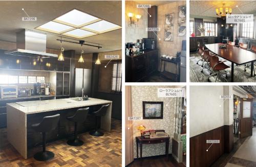 同じ柄の壁紙を色違いで多数取り入れることで、空間全体に統一感が生まれている。